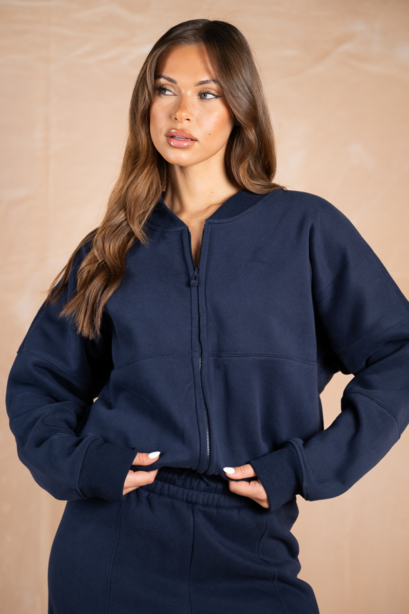 Relaxed Zip-Up Bomber Jacket - Navy