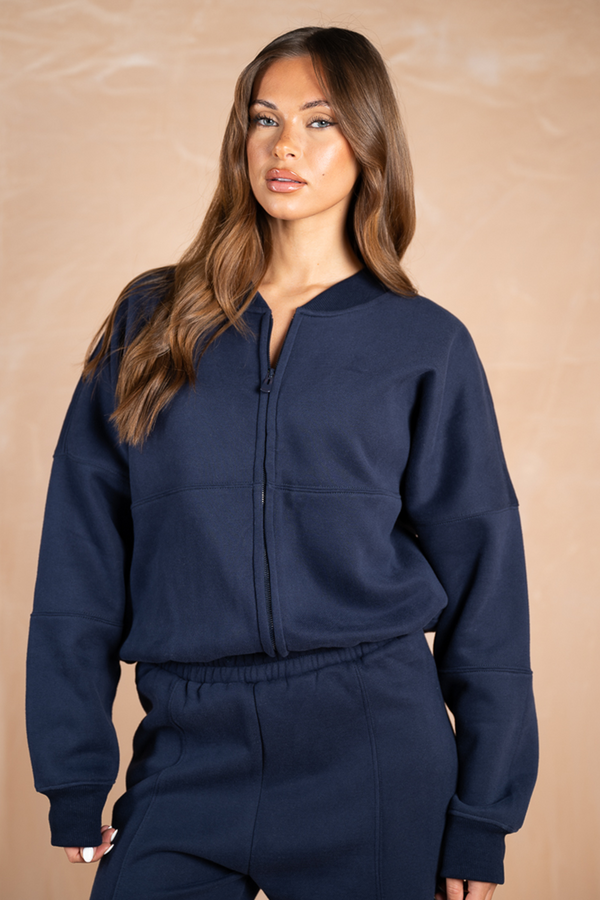 Relaxed Zip-Up Bomber Jacket - Navy