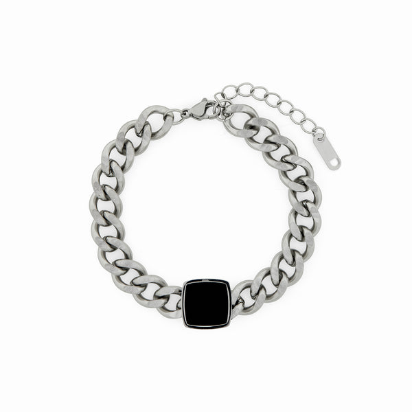 Onyx Square Pendant Cuban Chain Bracelet - Silver