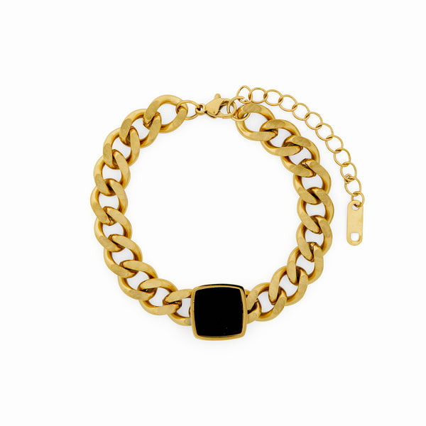 Onyx Square Pendant Cuban Chain Bracelet - Gold