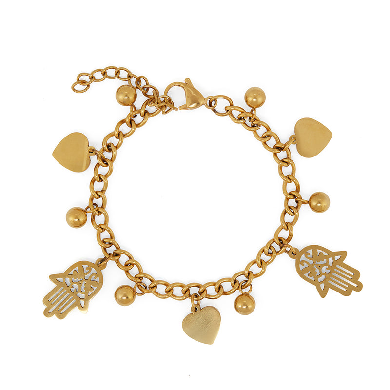 Hamsa Heart Charm Chain Bracelet - Gold