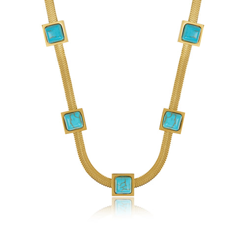 Aqua Stone Snake Chain Necklace - Gold