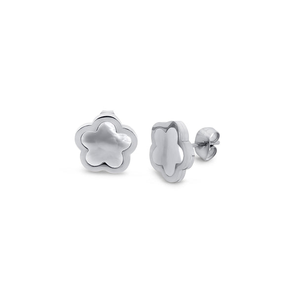 Clover Shell Stud Earrings - Silver/White