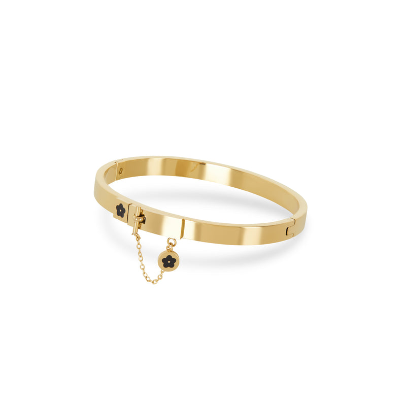 Flower Lock Charm Pendant Bangle Bracelet - Gold