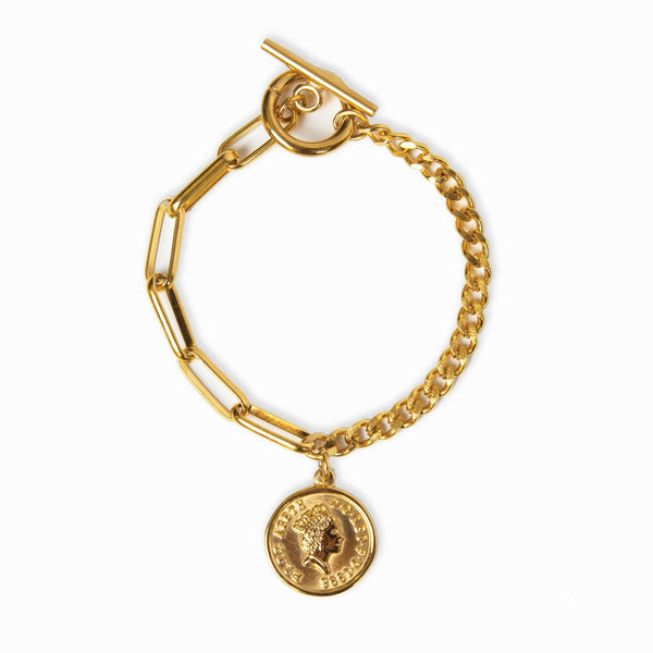Coin Contrast Chain Pendant Bracelet - Gold