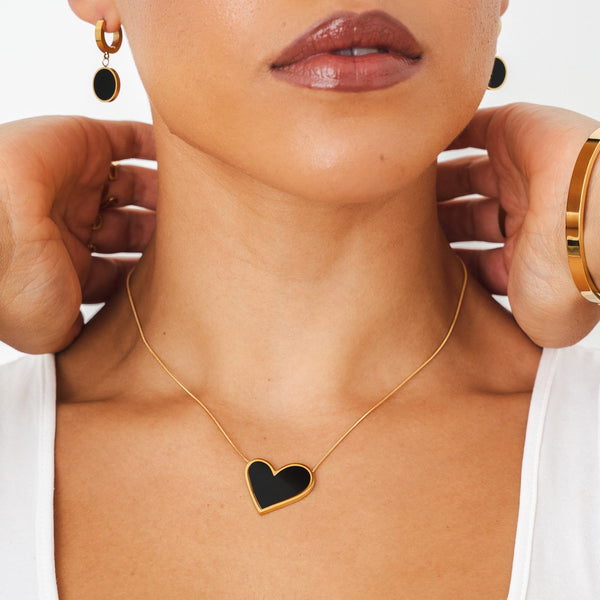 Marmor-Herz-Anhänger-Halskette - Gold/Schwarz