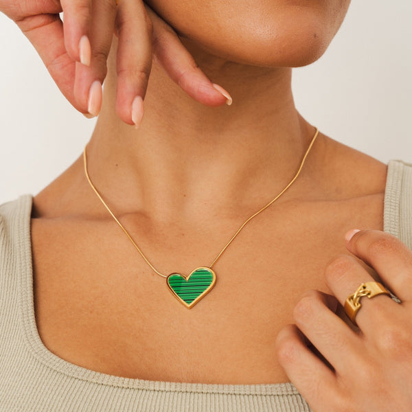Marmor-Herz-Anhänger-Halskette - Gold/Grün